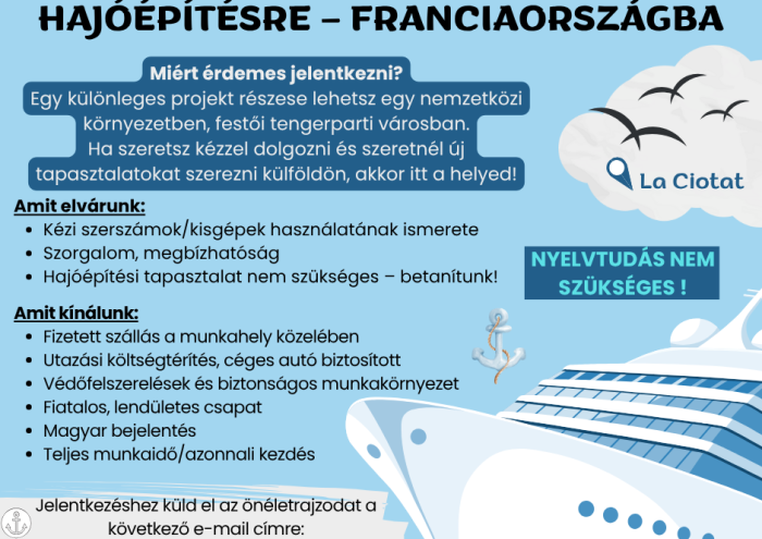 BETANÍTOTT MUNKÁSOKAT KERESÜNK HAJÓÉPÍTÉSRE – FRANCIAORSZÁGBA
