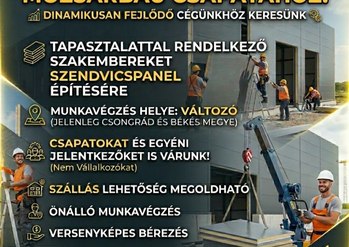 Szendvicspanel építéséhez tapasztalattal rendelkező jelentkezőket várunk